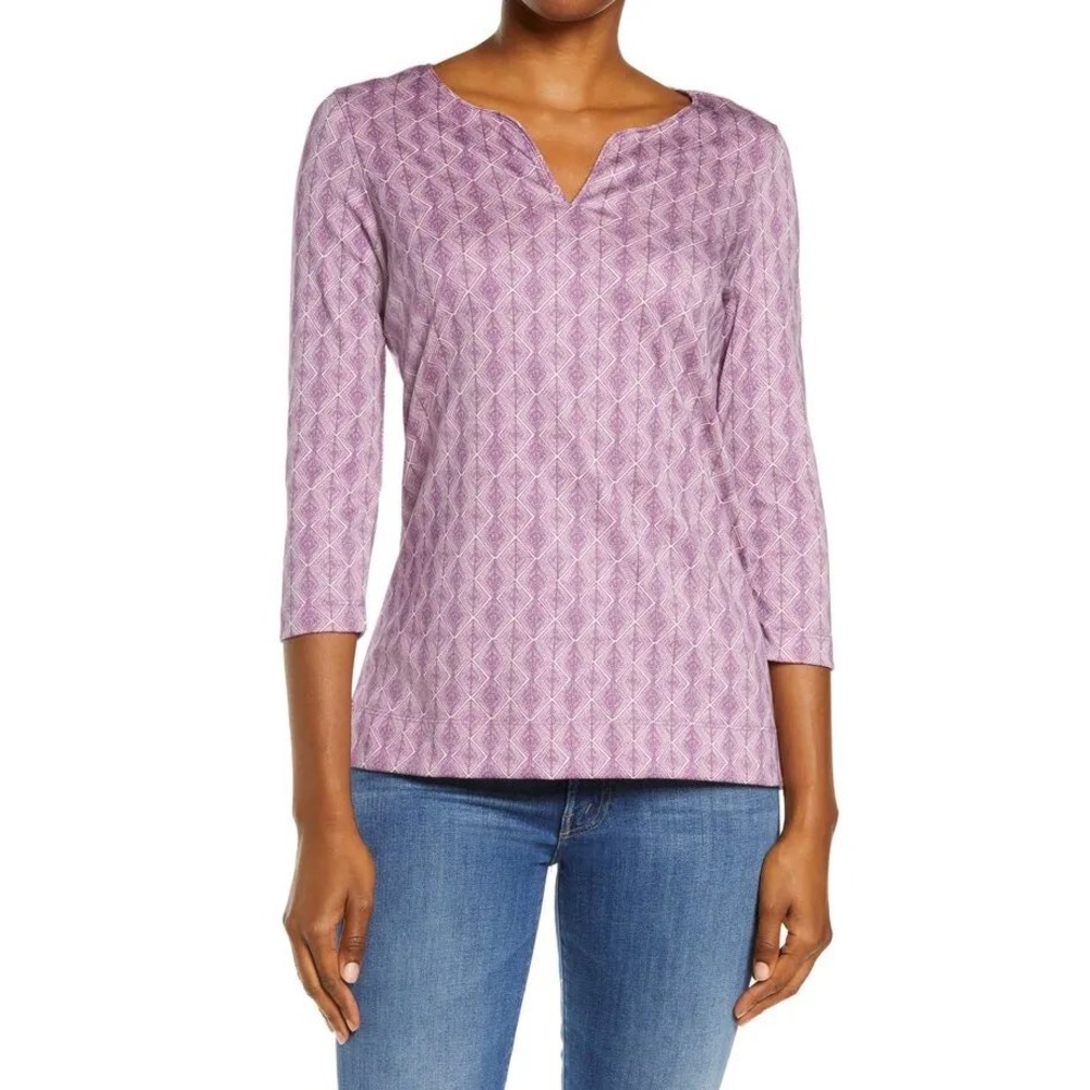 L.L.Bean Supima Cotton Top 3/4 Sleeve V-Neck‎ Diamond Print Purple L-PET